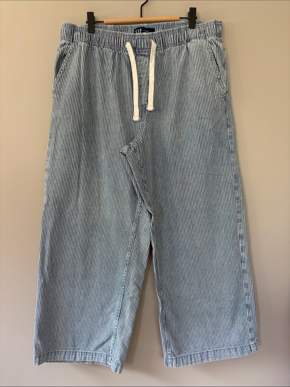 Gap Railroad Stripe Pull On Wide Leg Jeans Blue White Large Short Boho